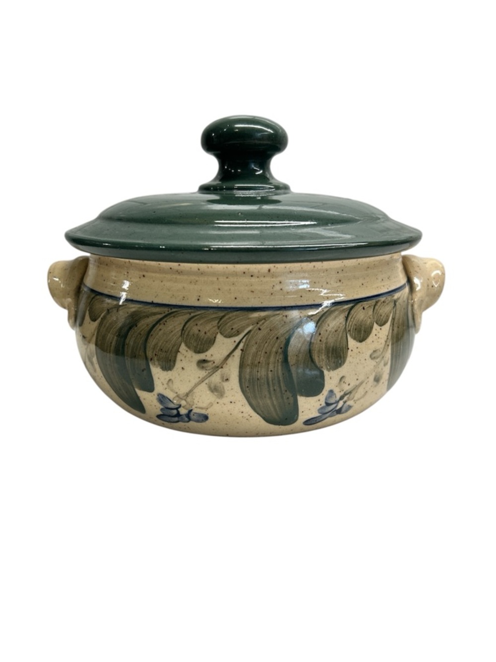 Vintage Pottery Hand-Painted Ceramic Covered Casserole in Green and Cream - Picture 2 of 13